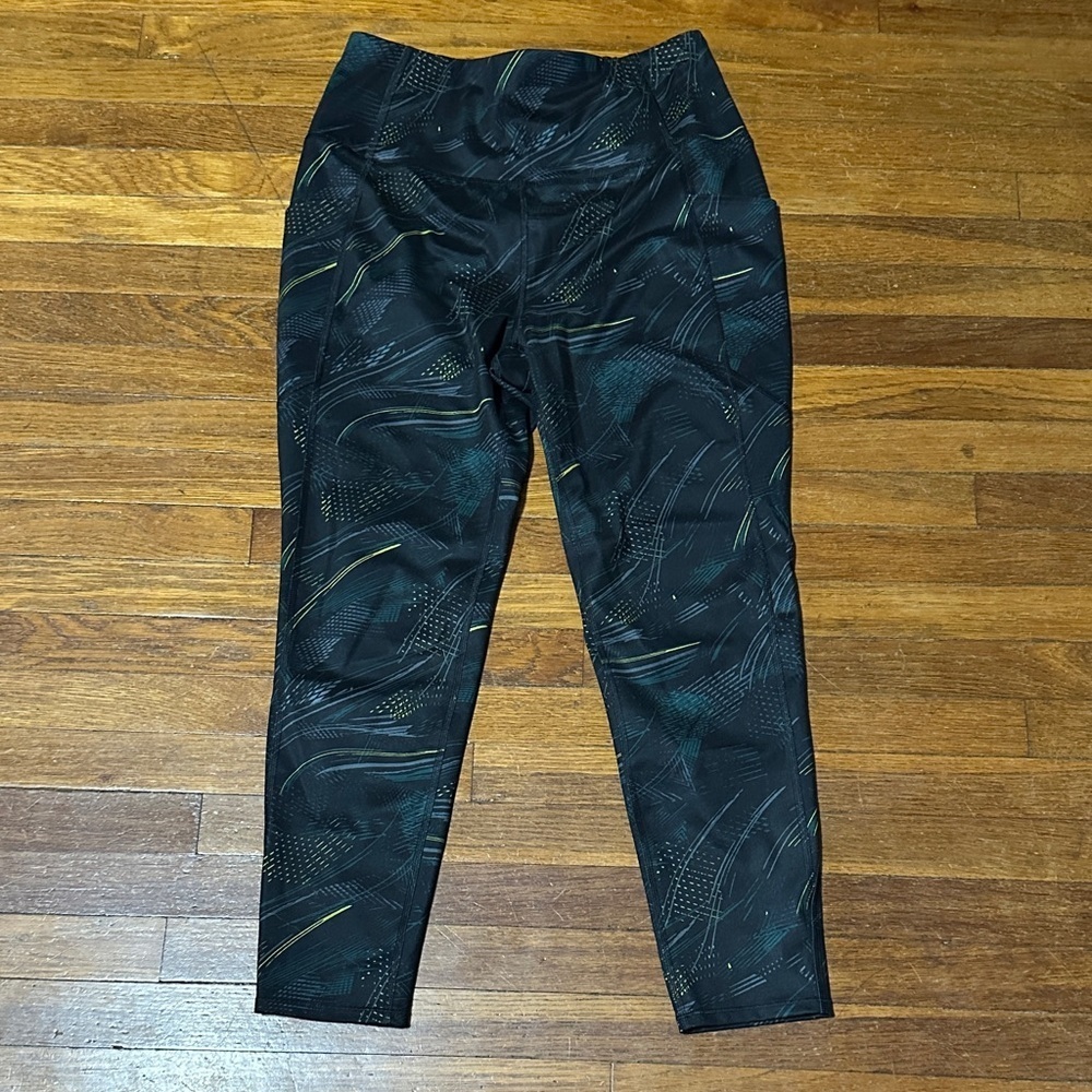 MTA Sport Black and Green Patterned High Rise Leggings, Pockets, Large